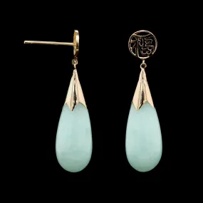 14K Yellow Gold Estate Jade Chinese Good Luck Symbol Drop Earrings