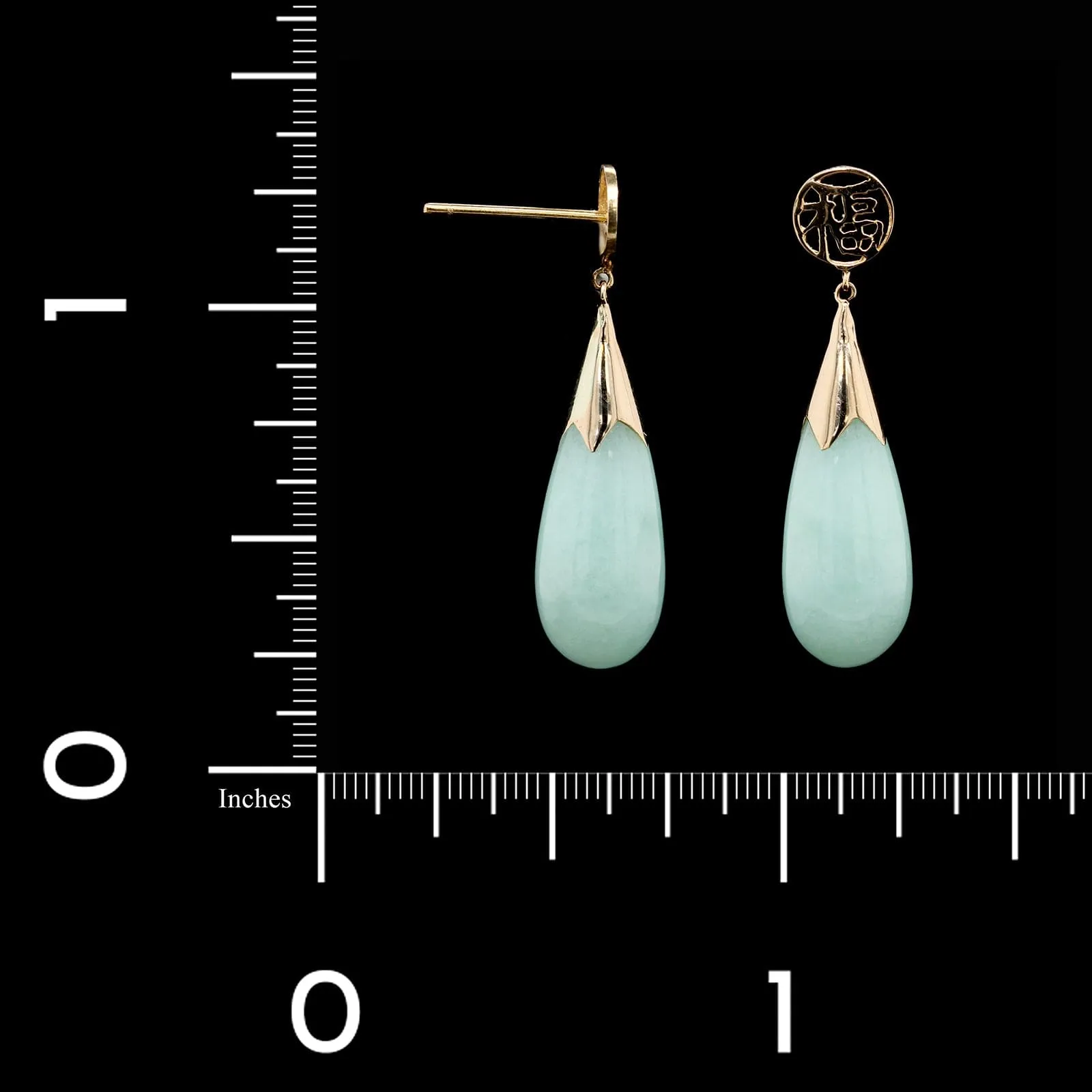 14K Yellow Gold Estate Jade Chinese Good Luck Symbol Drop Earrings