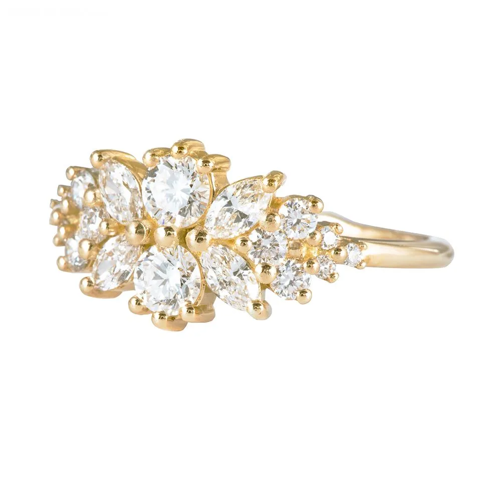 18K Gold Flora Cluster Ring with Round & Marquise Diamonds