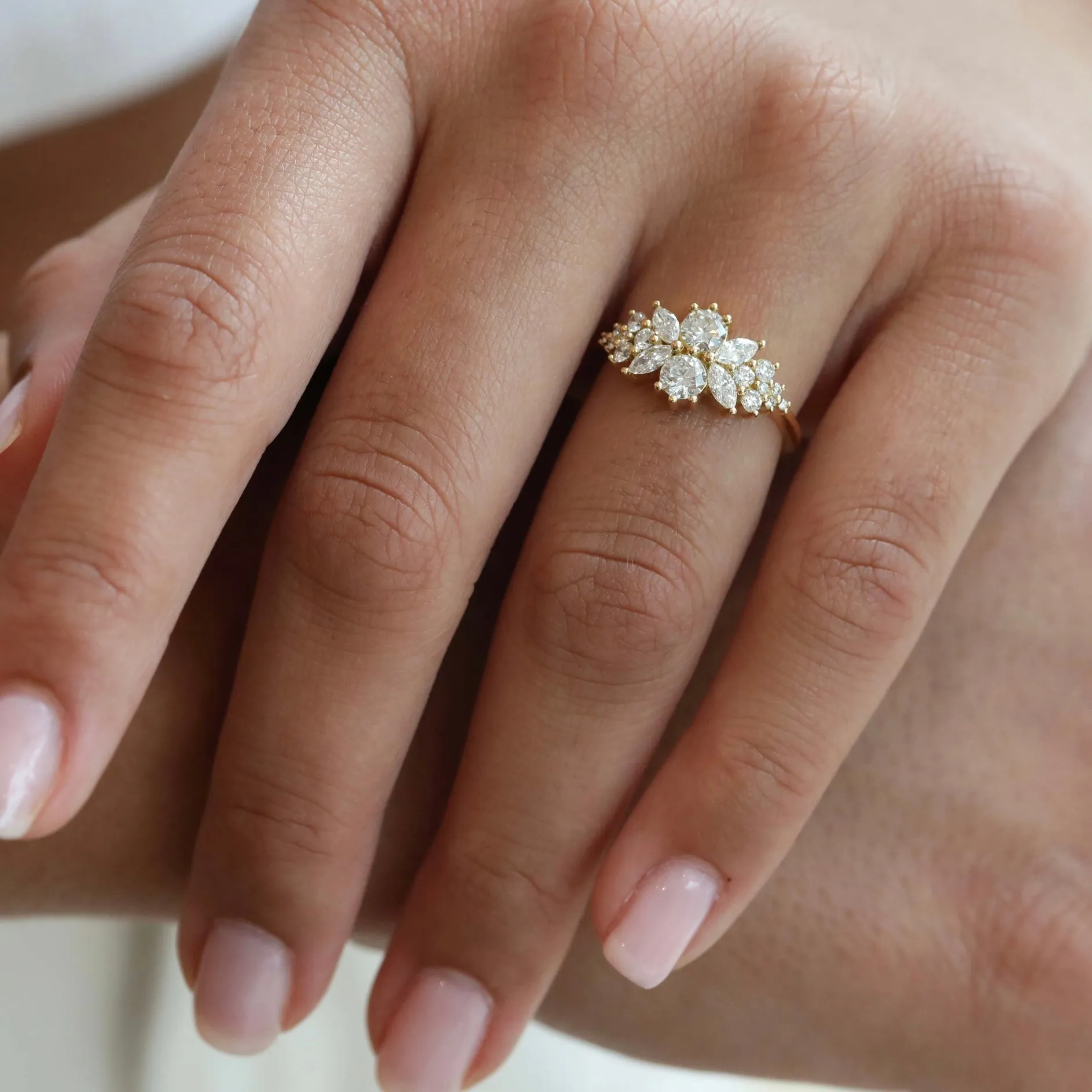 18K Gold Flora Cluster Ring with Round & Marquise Diamonds