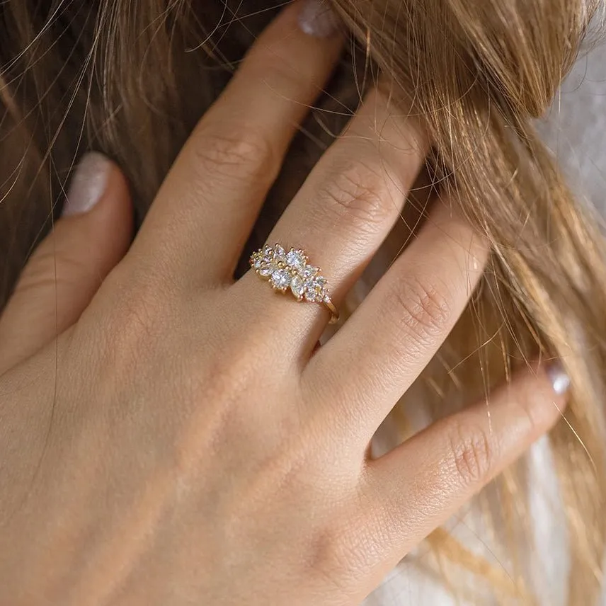 18K Gold Flora Cluster Ring with Round & Marquise Diamonds