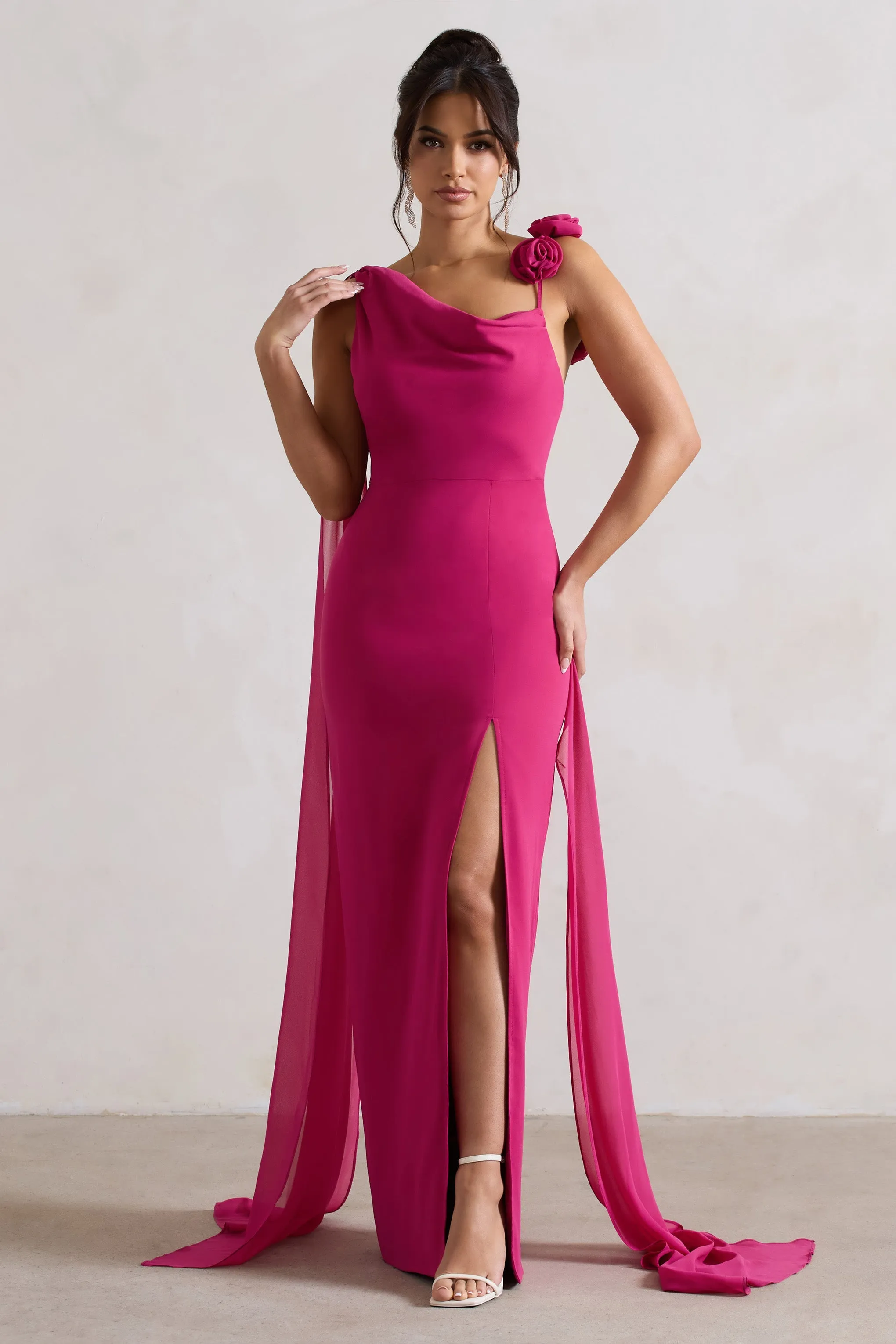 Angeline | Dark Pink Chiffon Draped Split Maxi Dress With Corsages