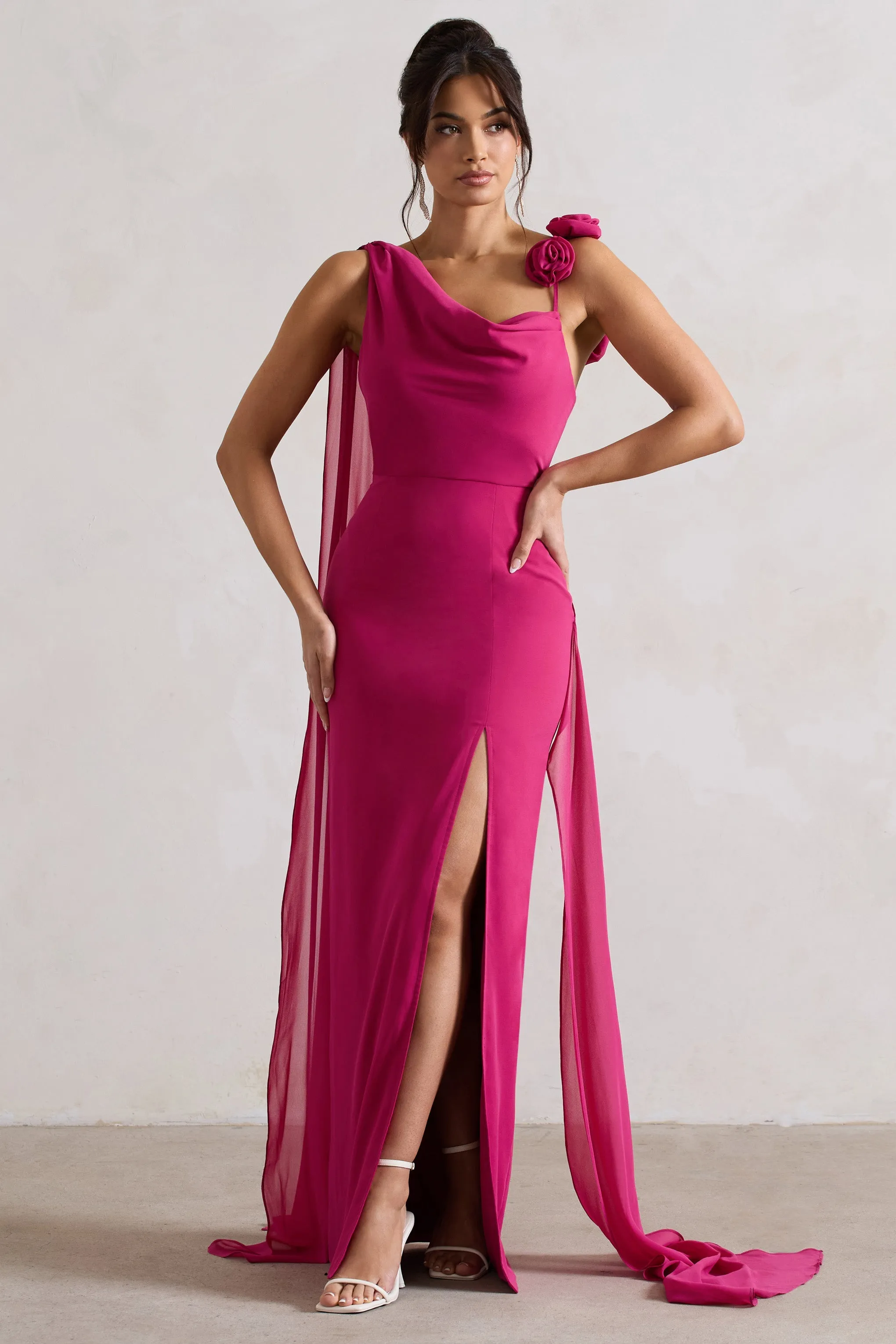 Angeline | Dark Pink Chiffon Draped Split Maxi Dress With Corsages