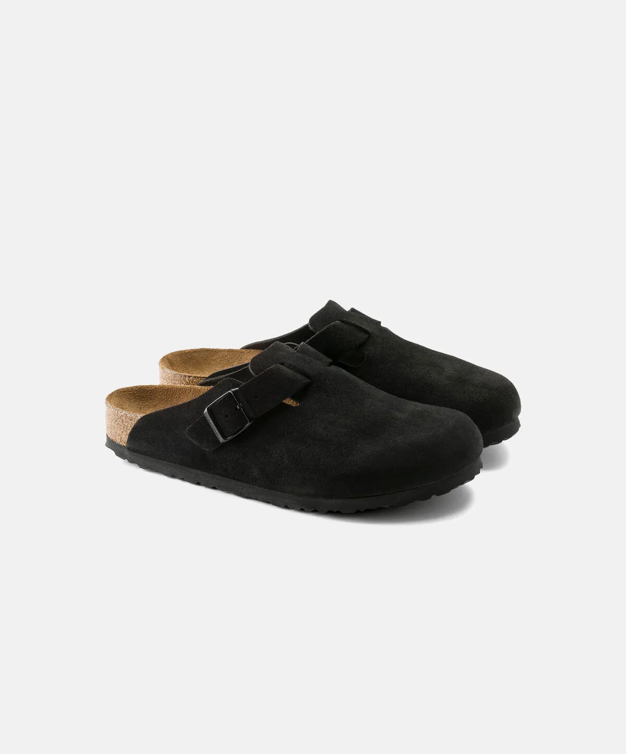 Birkenstock Boston Suede Leather Black Soft Footbed Clogs