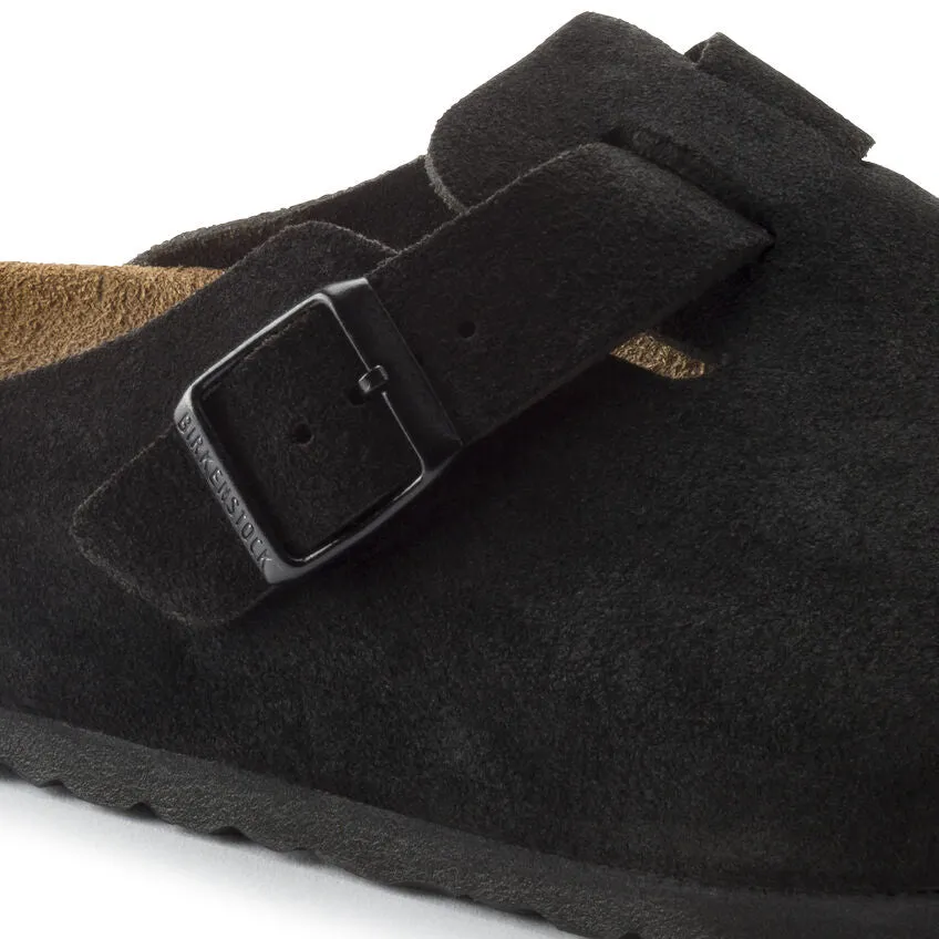 Birkenstock Boston Suede Leather Black Soft Footbed Clogs