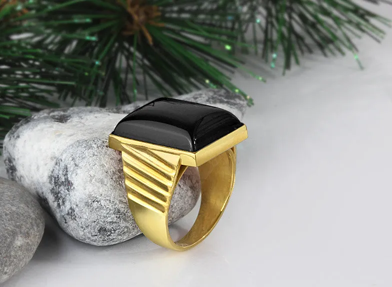 Black Onyx Men's Ring in 10k Yellow Gold, Natural Stone Ring for Men