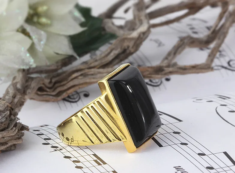 Black Onyx Men's Ring in 10k Yellow Gold, Natural Stone Ring for Men