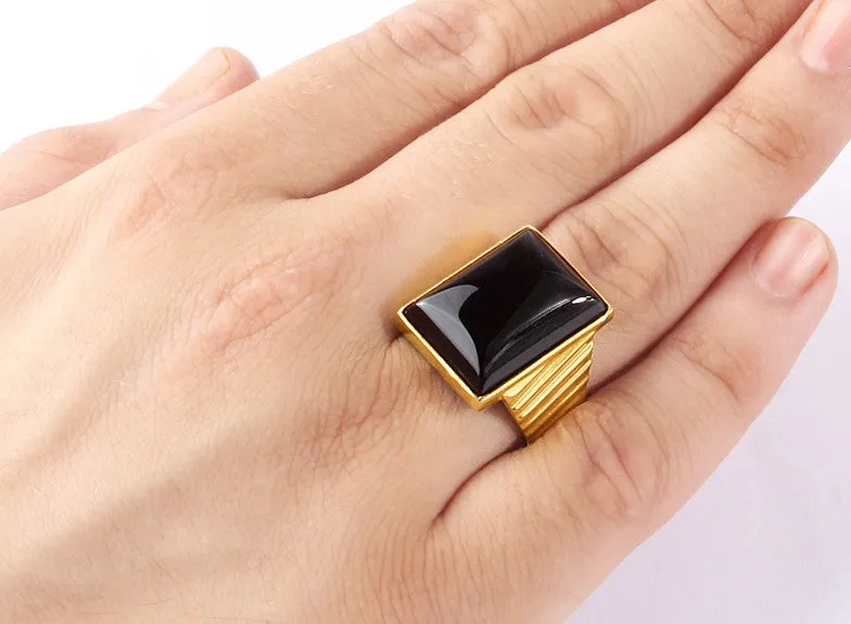 Black Onyx Men's Ring in 10k Yellow Gold, Natural Stone Ring for Men