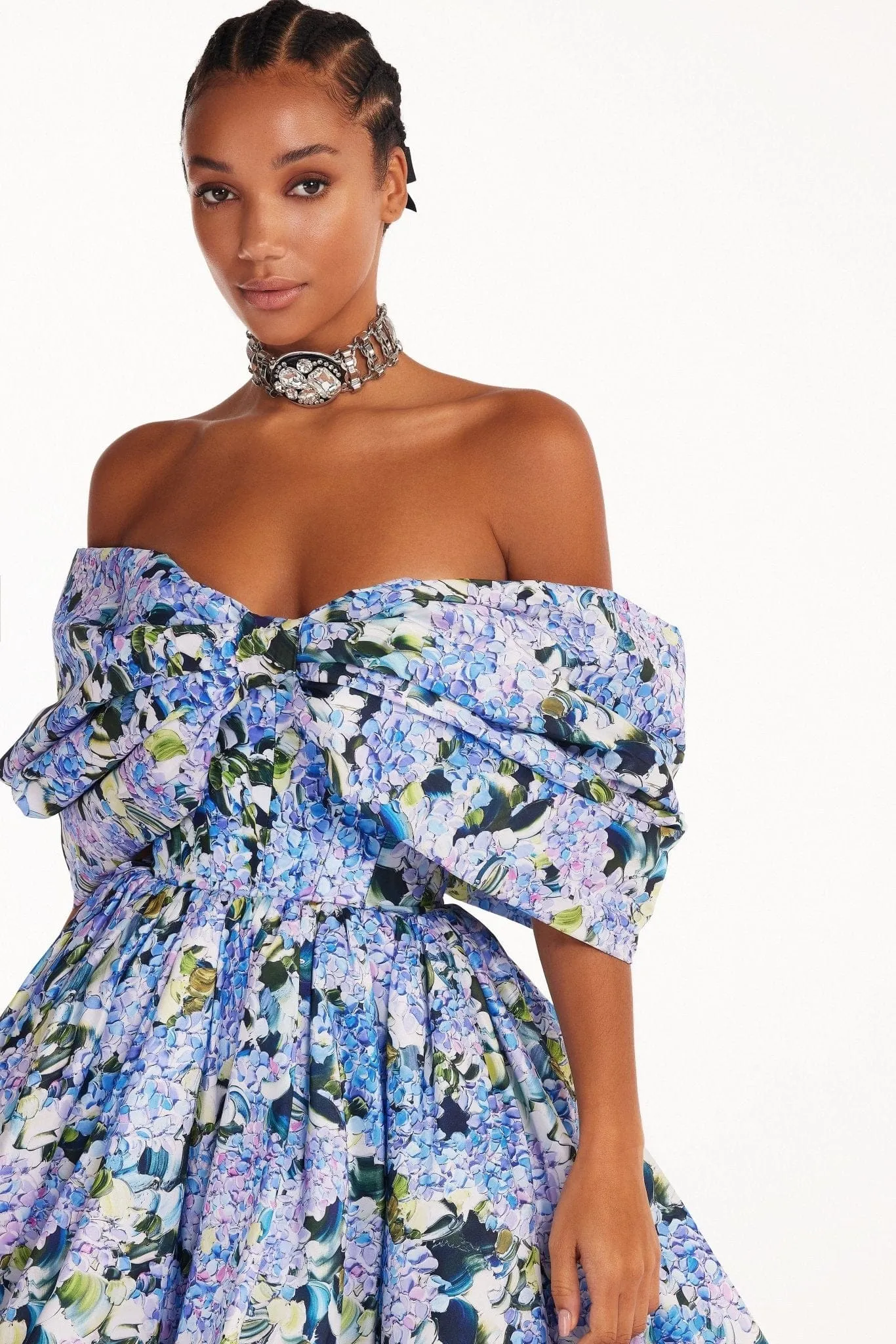 Blue Hydrangea bow-detailed mini dress