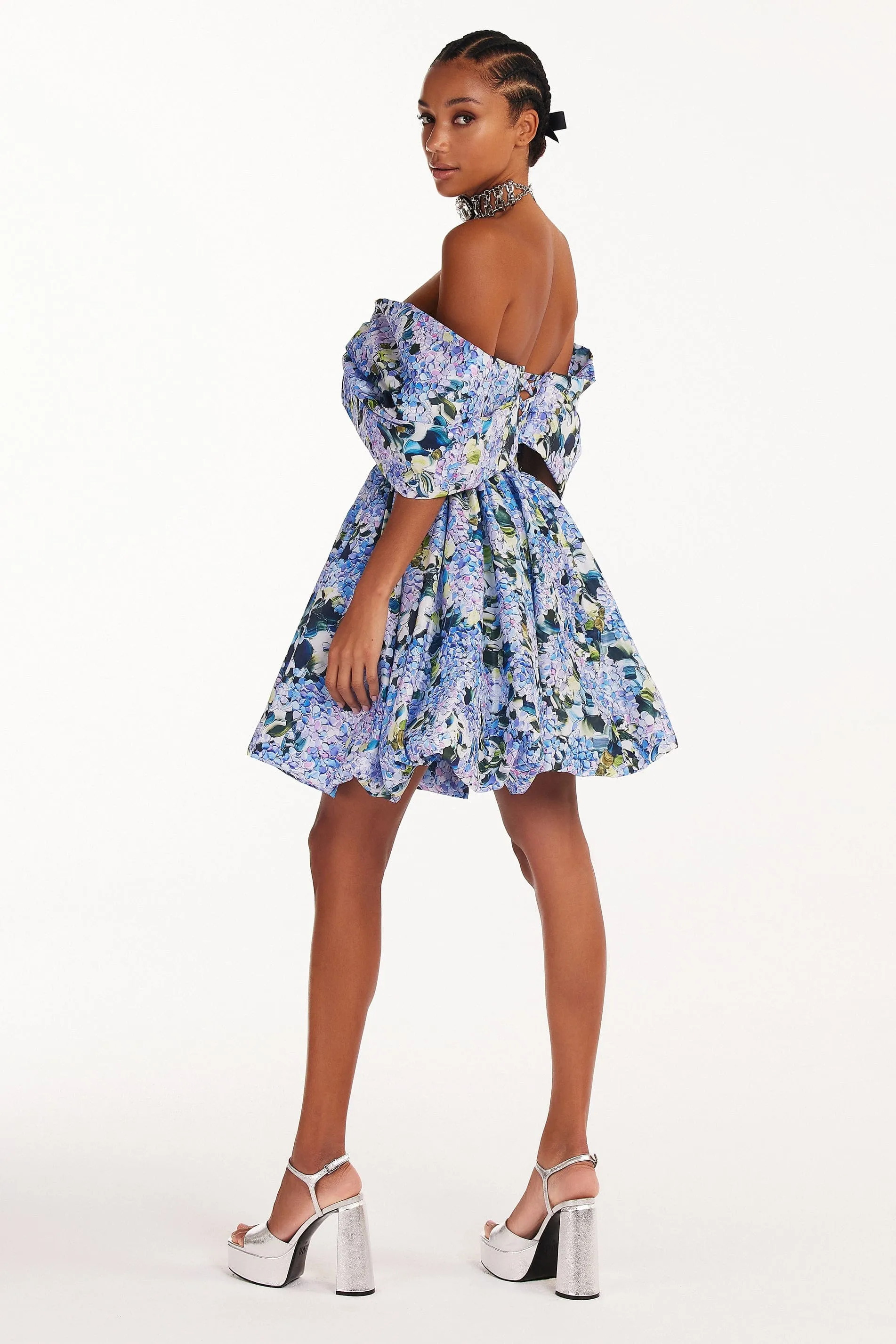 Blue Hydrangea bow-detailed mini dress