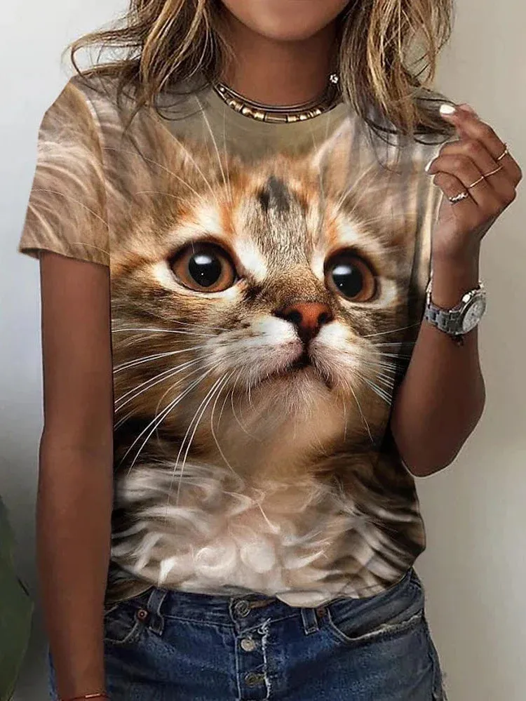 Brown Cat Print 3D Tee for Women