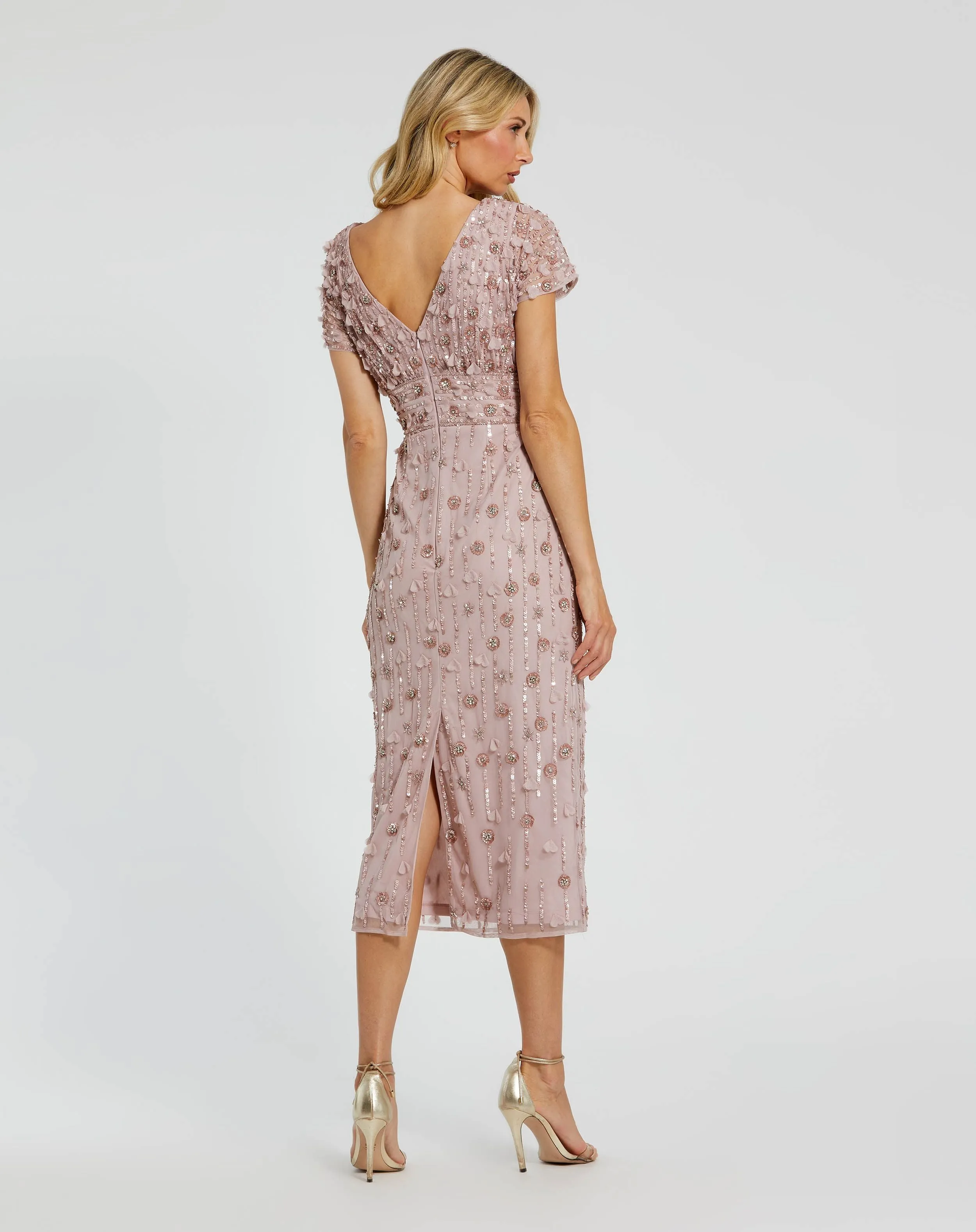 Cap Sleeve Column Midi Dress With Floral Beading