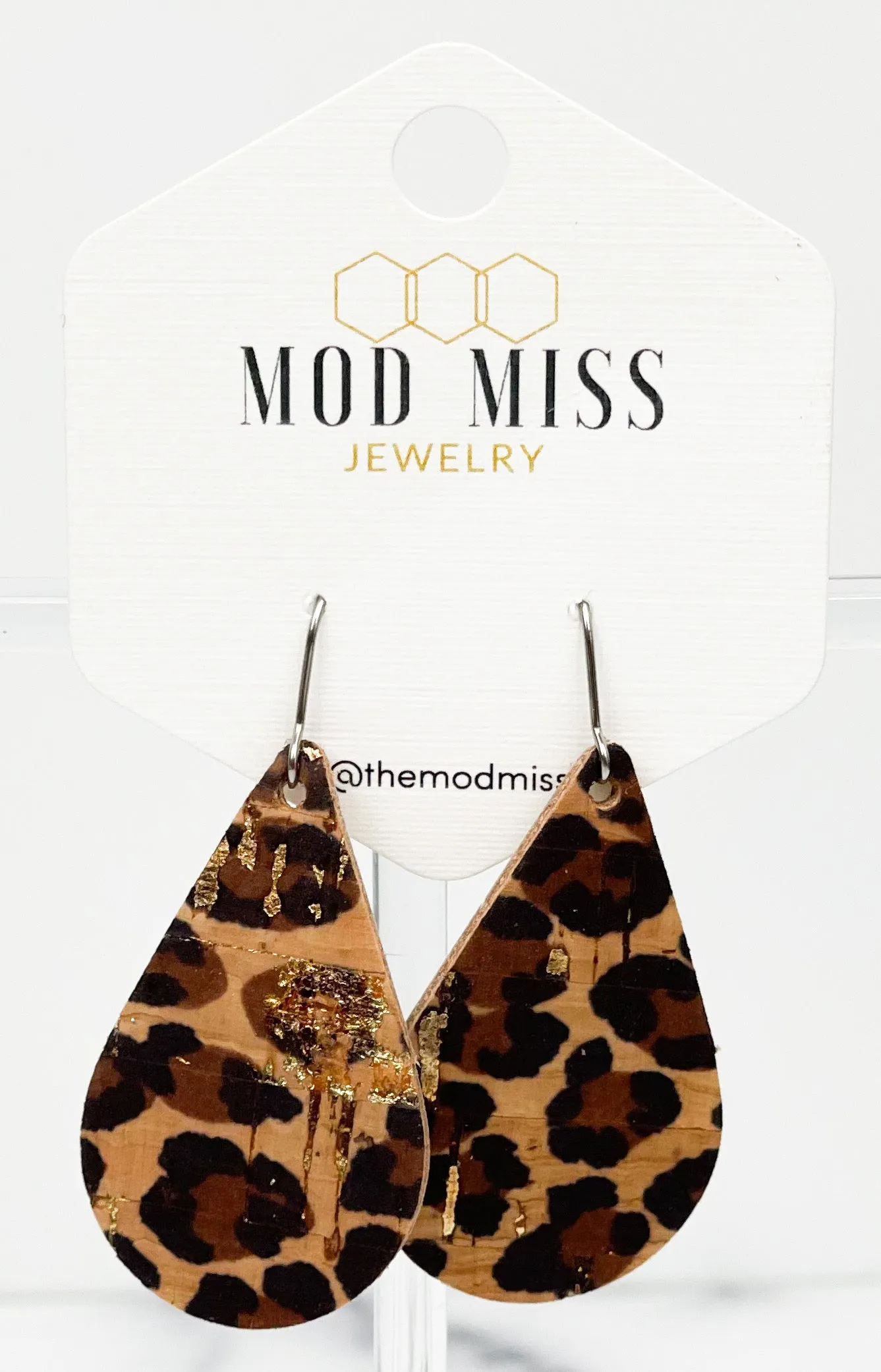 Cork Leather Teardrop Earring Leopard Gold Specs