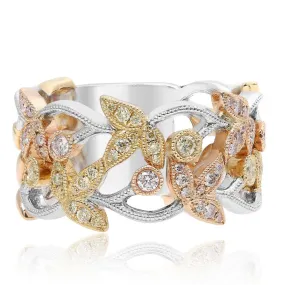 Delicate Antique Milgrain Flowers on Vine Diamond Ring Band Tri-Color 14K Gold