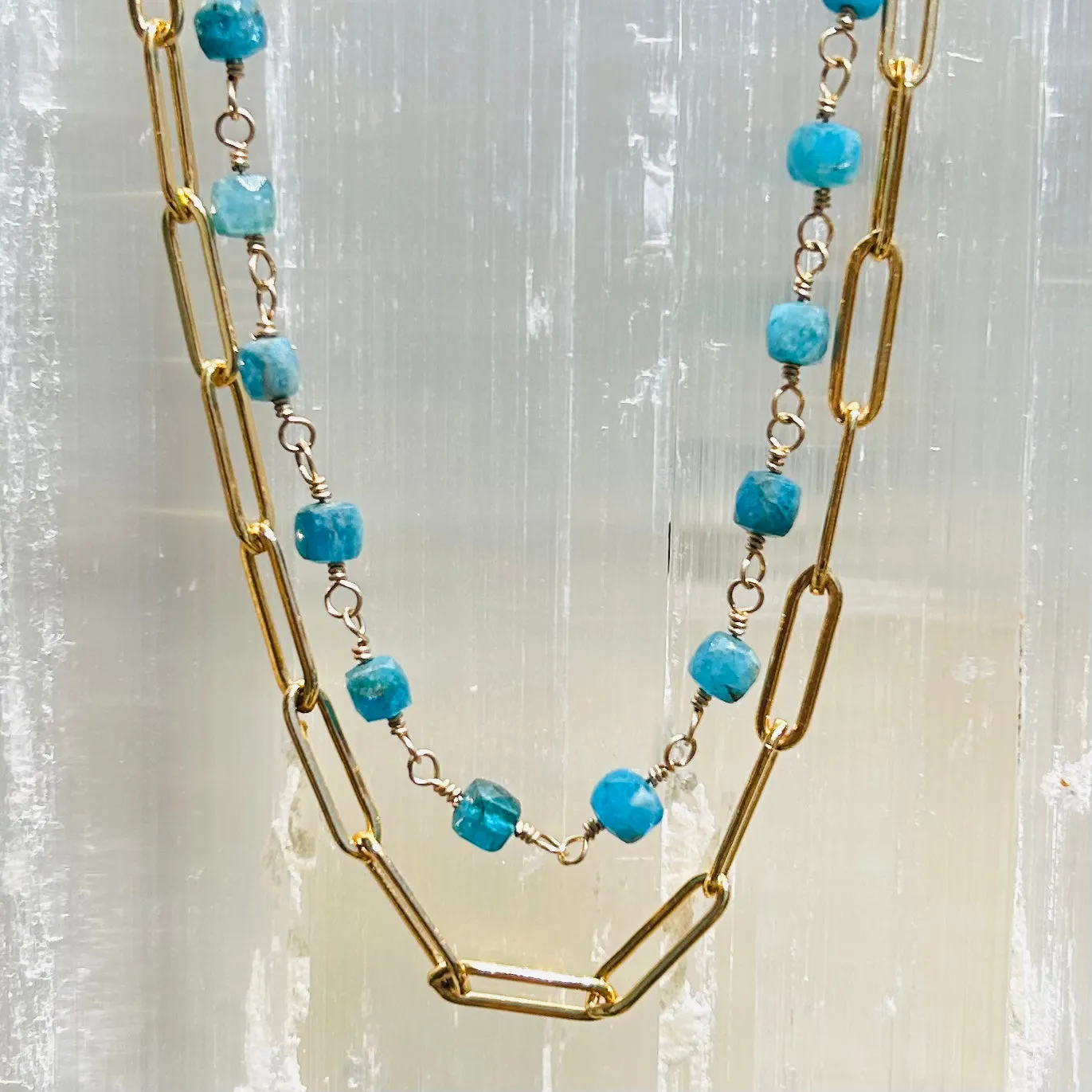 Gemstone  Rosary Necklace  ~ Apatite Cube