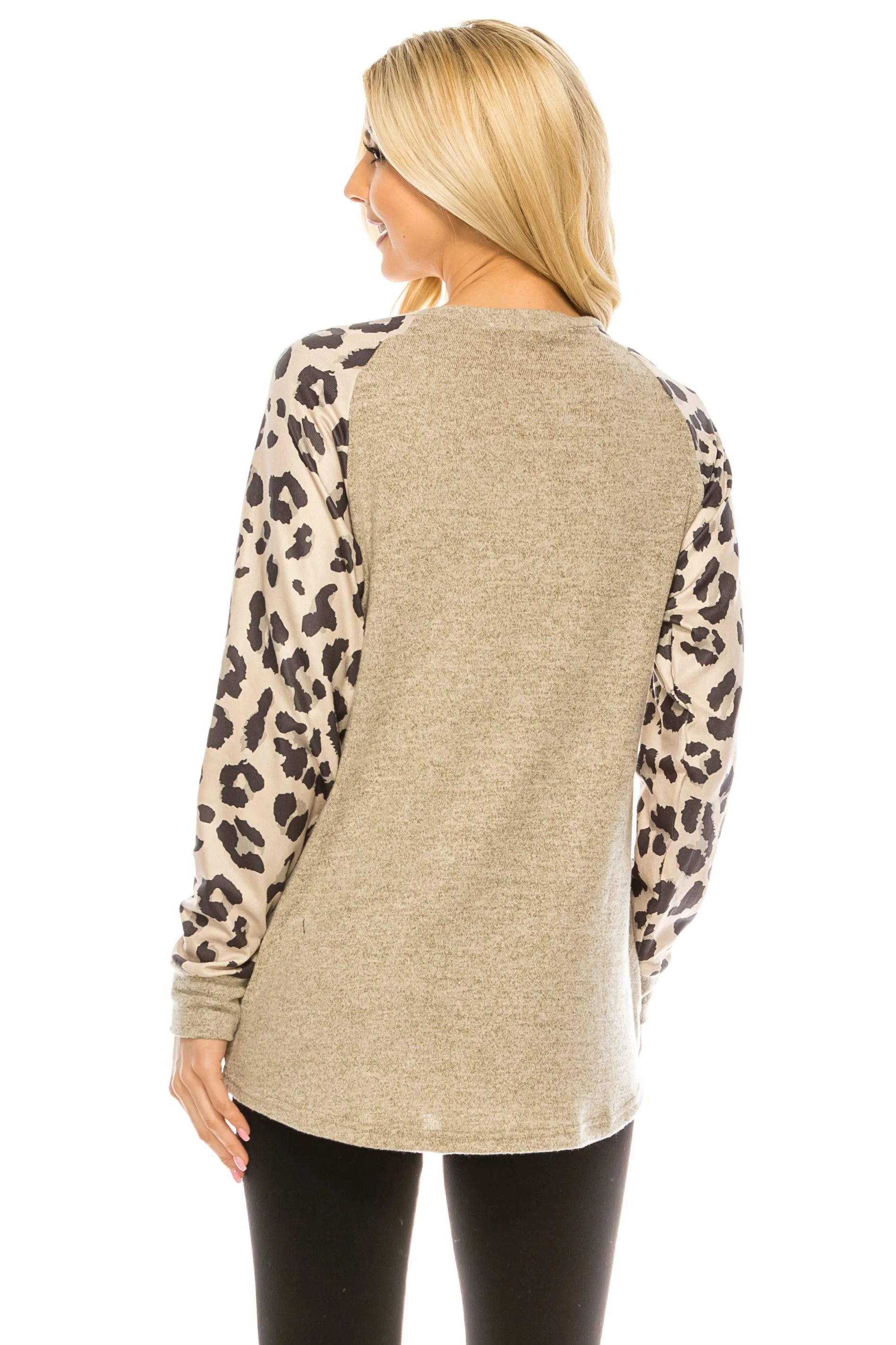 Haute Edition Women's Ultra Soft Long Sleeve Spring Pullover Leopard Raglan Sweatshirt