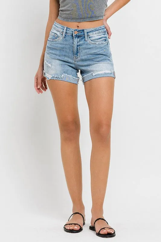 High Rise Cuffed Stretch Shorts