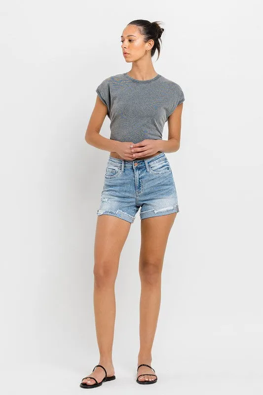 High Rise Cuffed Stretch Shorts