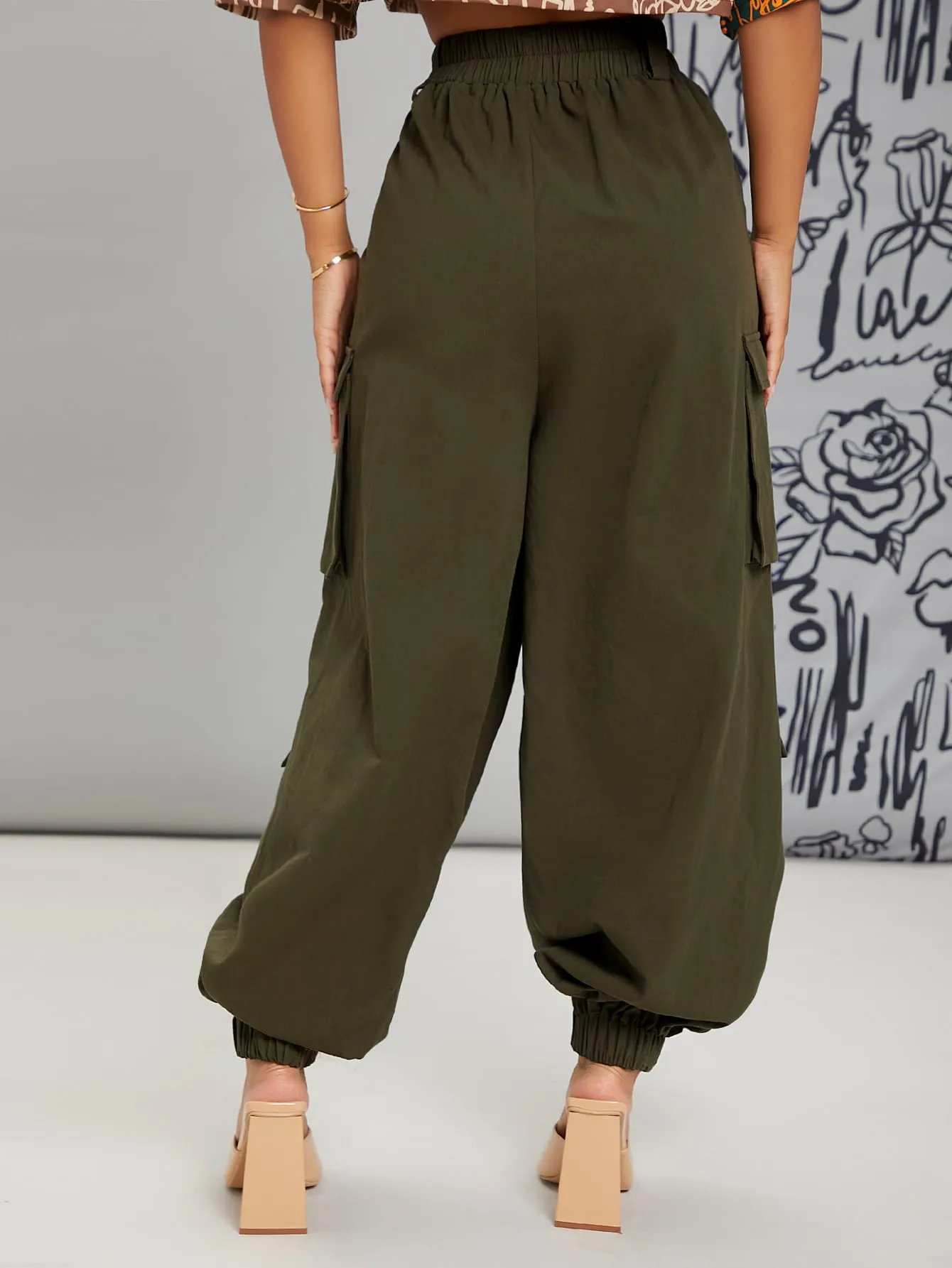 High Waist Single Breasted Utility Pocket Cargo Pants