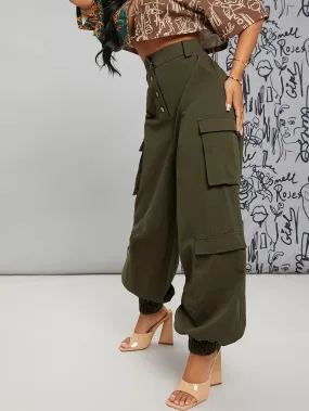 High Waist Single Breasted Utility Pocket Cargo Pants