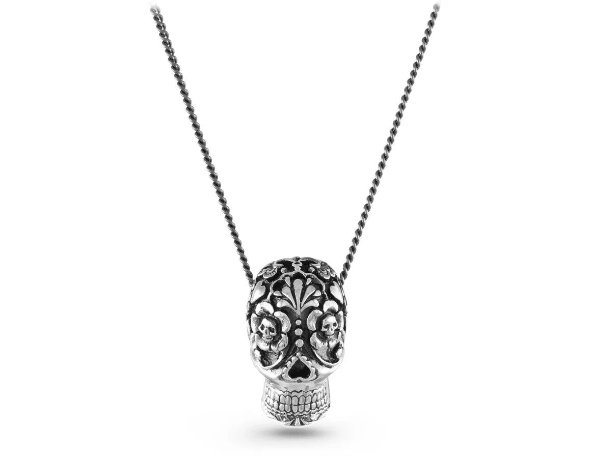 Large Day of the Dead Skull Necklace - Silver