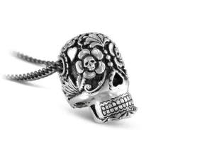 Large Day of the Dead Skull Necklace - Silver