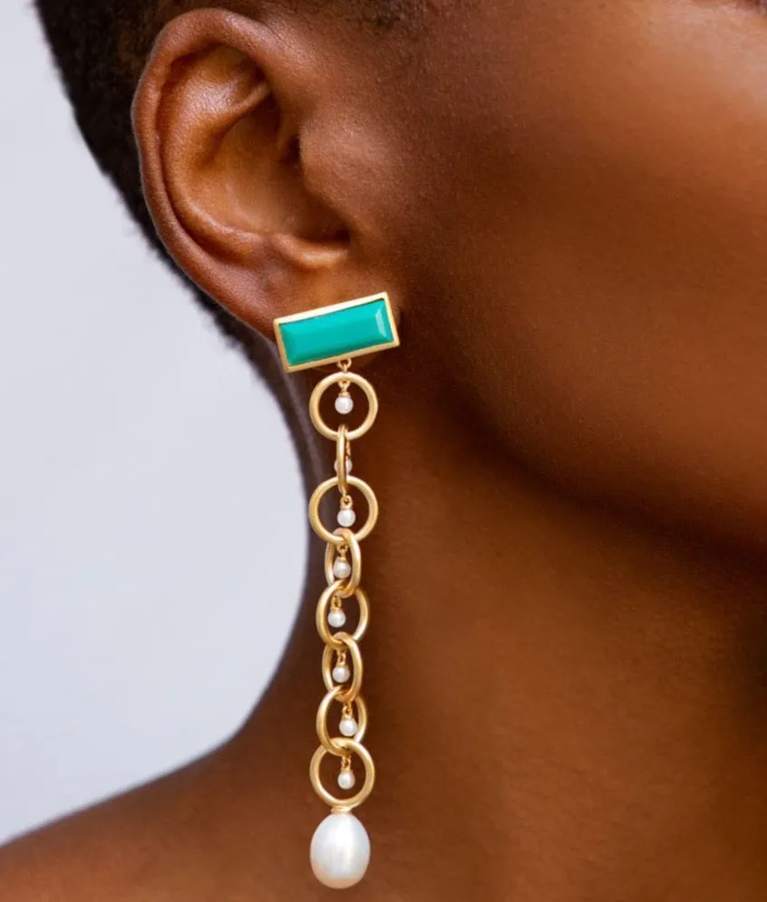 Link Drop Earrings with Chrysoprase in Vermeil Gold