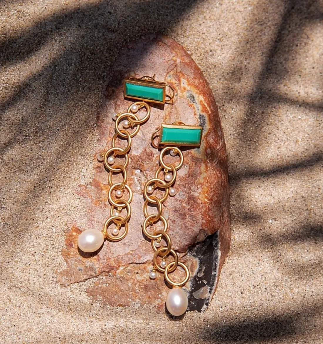 Link Drop Earrings with Chrysoprase in Vermeil Gold