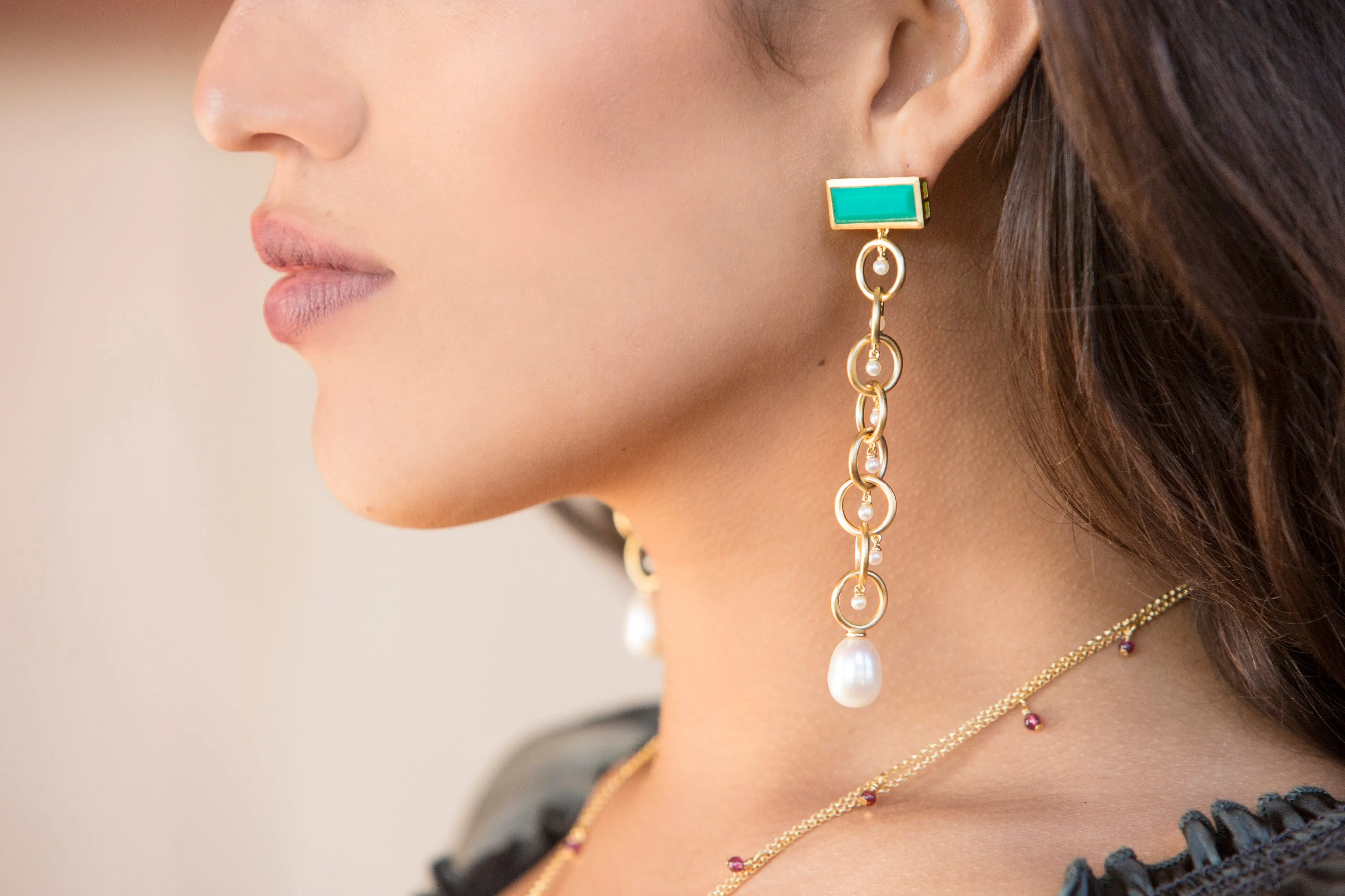 Link Drop Earrings with Chrysoprase in Vermeil Gold