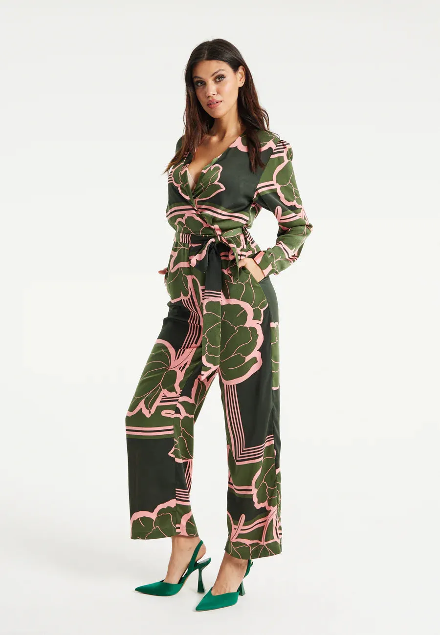 Liquorish Geometric Floral Print Jumpsuit In Dark Green