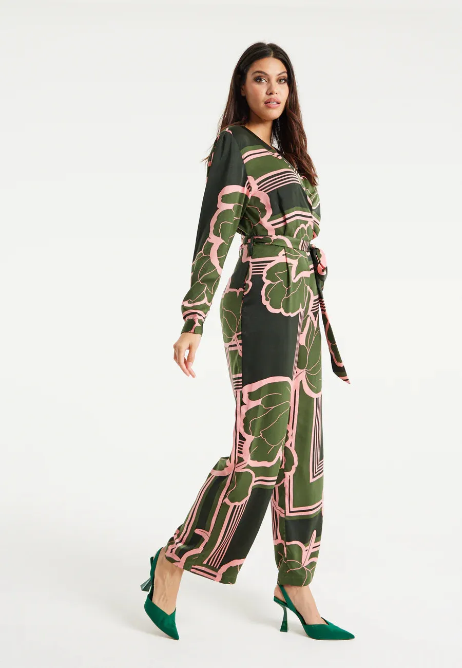 Liquorish Geometric Floral Print Jumpsuit In Dark Green