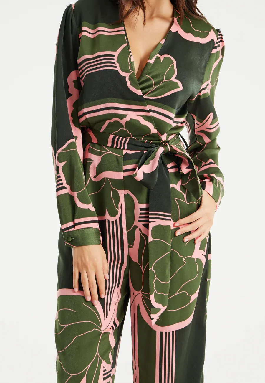 Liquorish Geometric Floral Print Jumpsuit In Dark Green