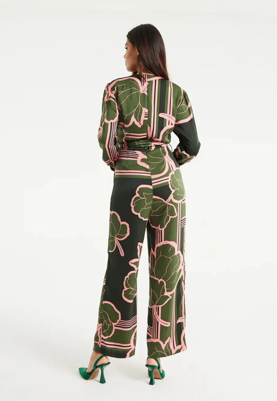 Liquorish Geometric Floral Print Jumpsuit In Dark Green