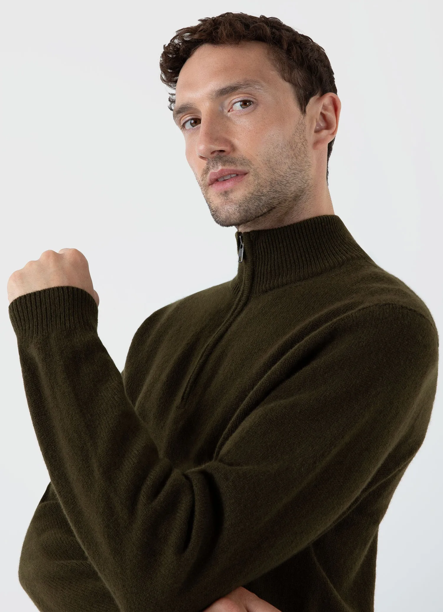 Men's Lambswool Half Zip Jumper in Dark Olive