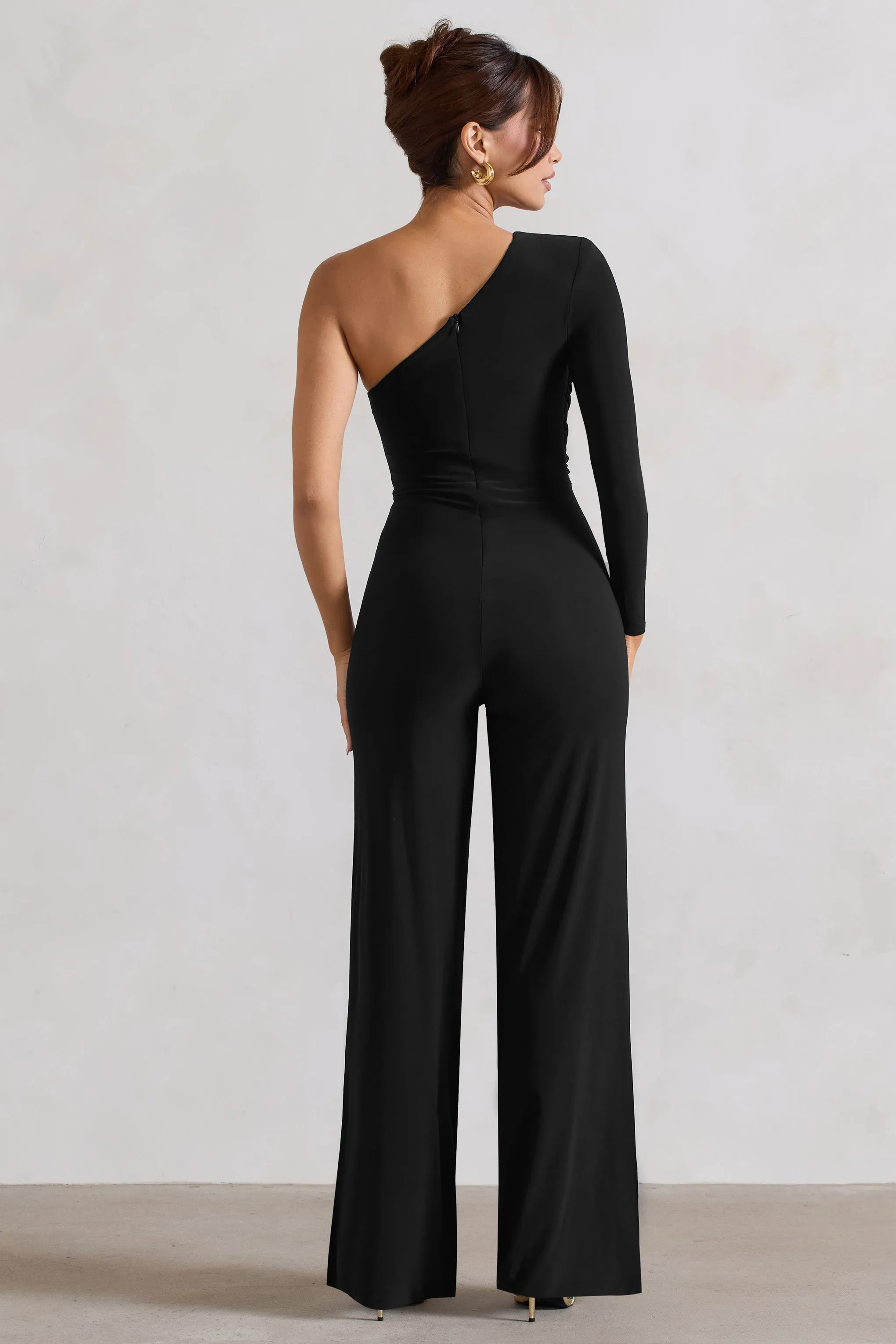 Mila | Black One Shoulder Ruched Wide Leg Jumpsuit