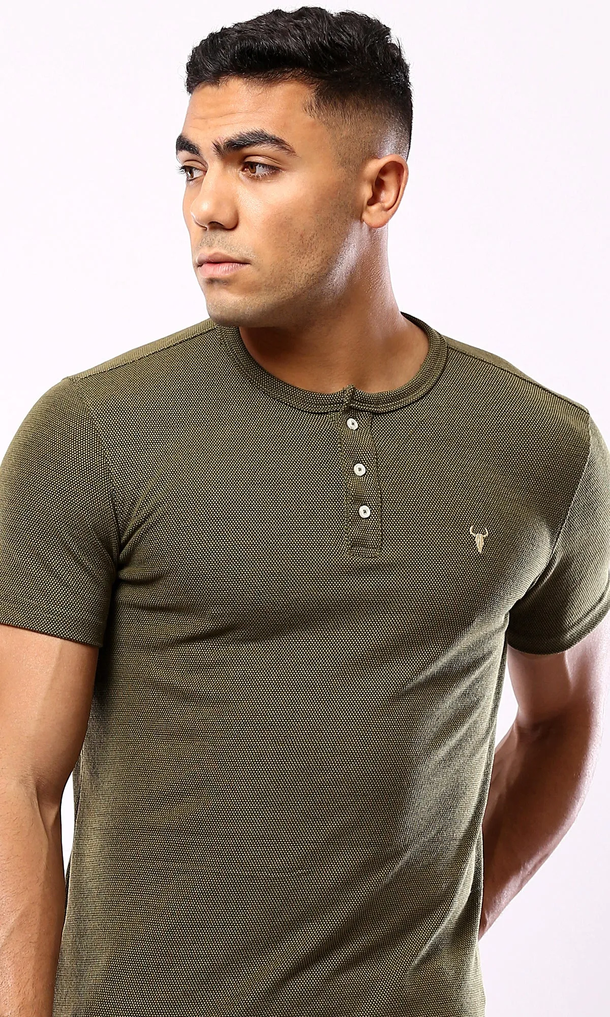 O181701 Round Neck With Buttons Heather Olive Henley Shirt