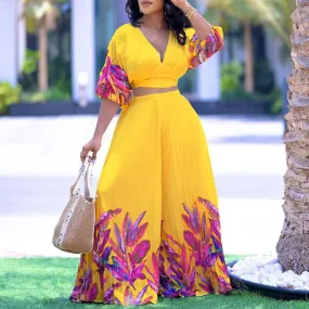 Plus-size women Summer V-neck Printed Top Wide-leg Pants Two-piece Suit M B-94143