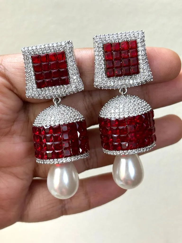 Red Ruby  and White stone studded Diamond Invisible stone  Setting Jumka for Women-SANDY001IJWRR