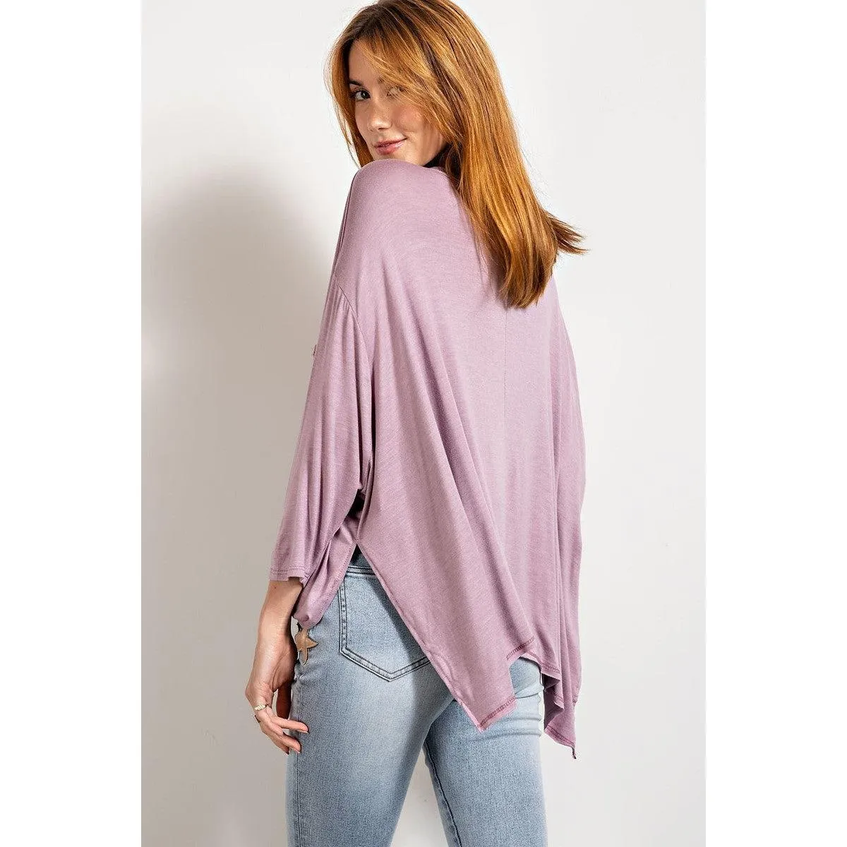 Rounded Neckline 3/4 Sleeves Washed Top