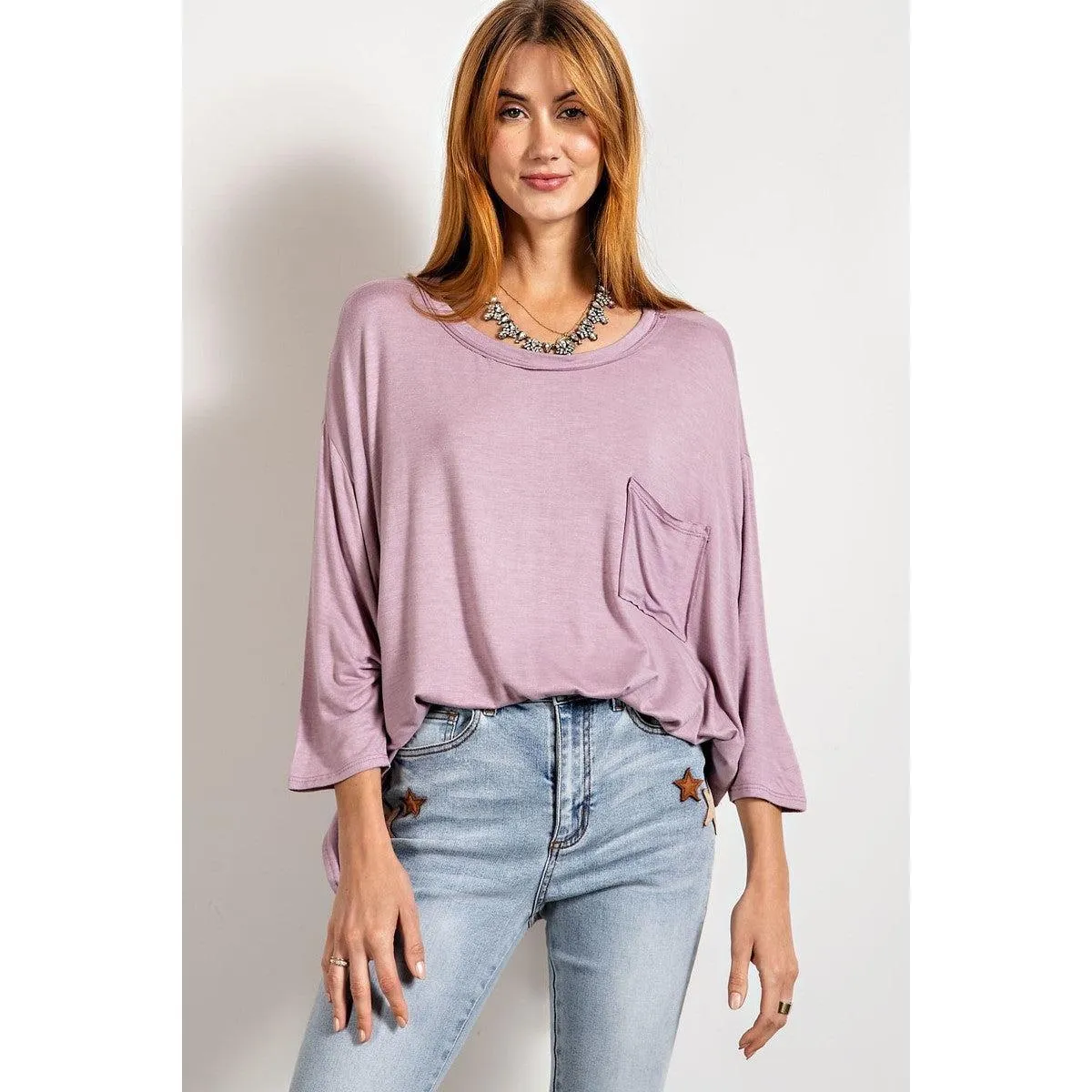 Rounded Neckline 3/4 Sleeves Washed Top