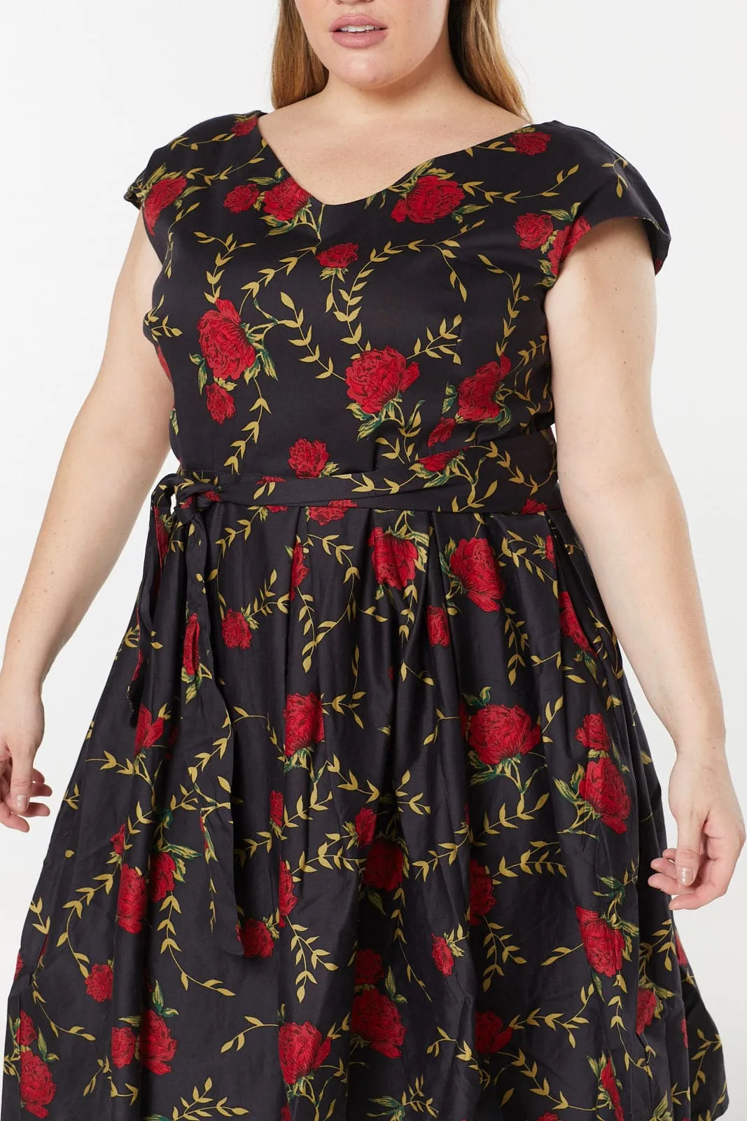 Stacey V Neck, Midi Floral Fit&Flare Dress in Cotton Sateen