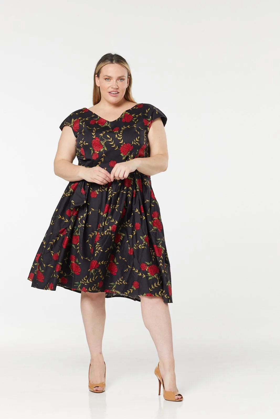 Stacey V Neck, Midi Floral Fit&Flare Dress in Cotton Sateen