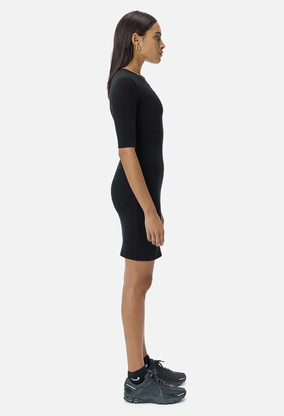 Stretch Sueded Cotton Mockneck Dress / Black