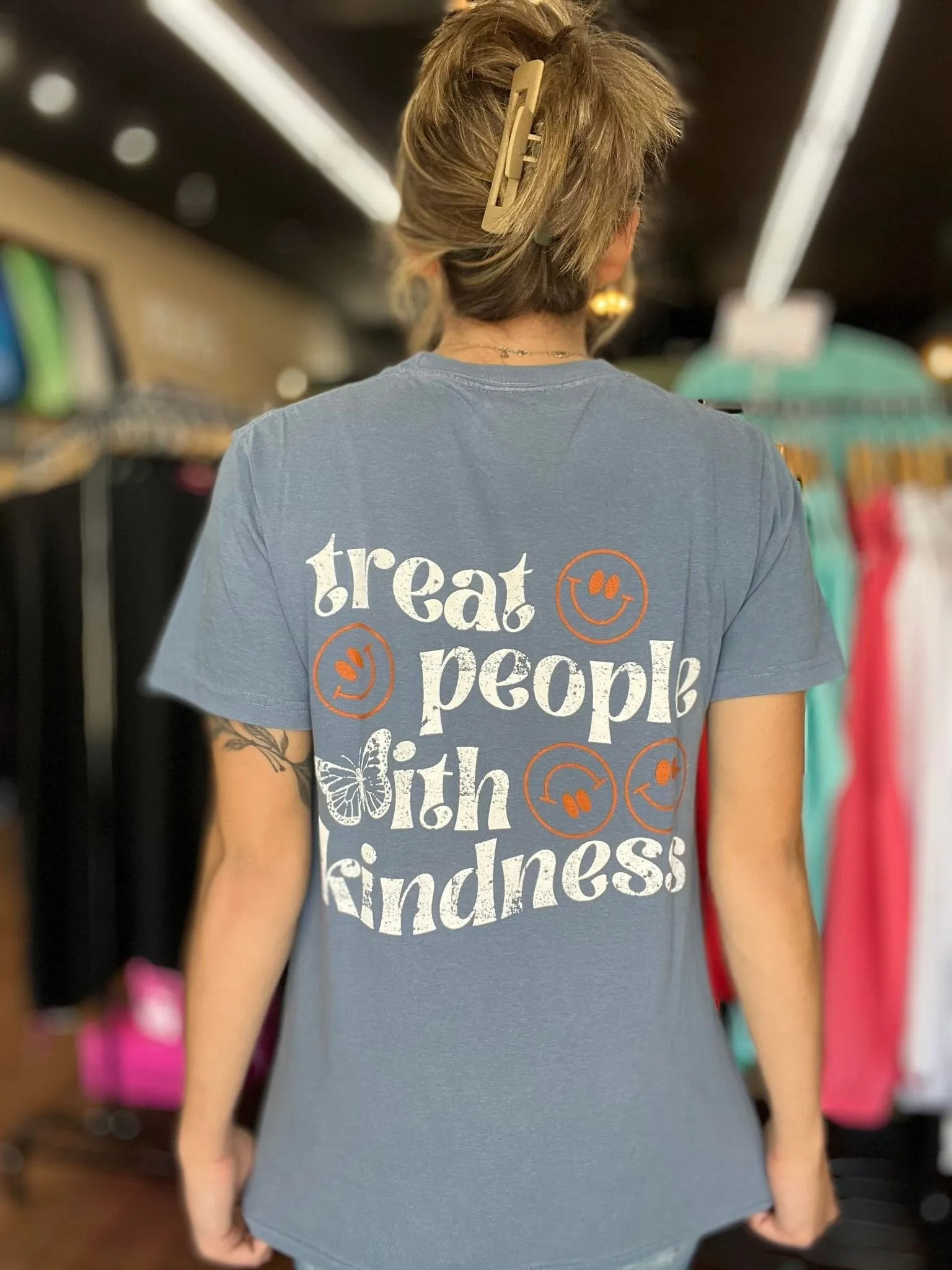 {TREAT PEOPLE WITH KINDNESS} Front   Back Blue Jean Comfort Colors Crew Neck Tee