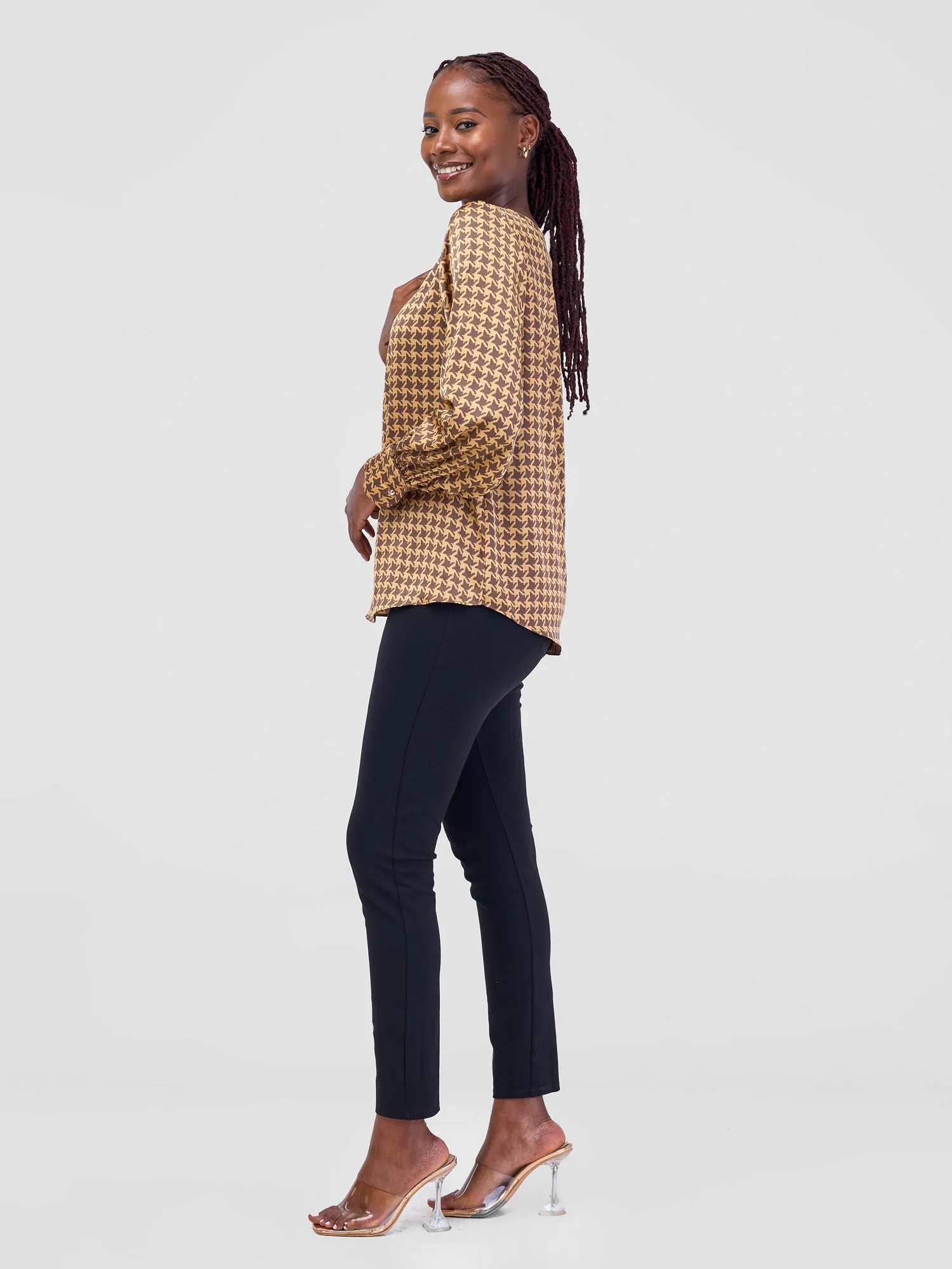 Vivo Tatili Bishop Long Sleeve Top - Beige / Brown  Print