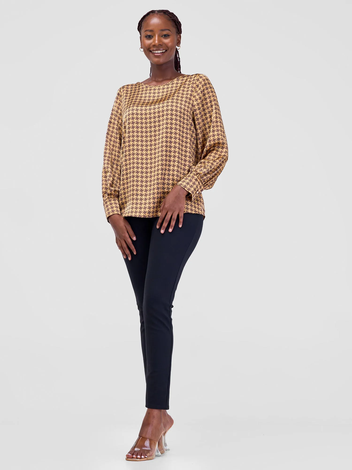 Vivo Tatili Bishop Long Sleeve Top - Beige / Brown  Print