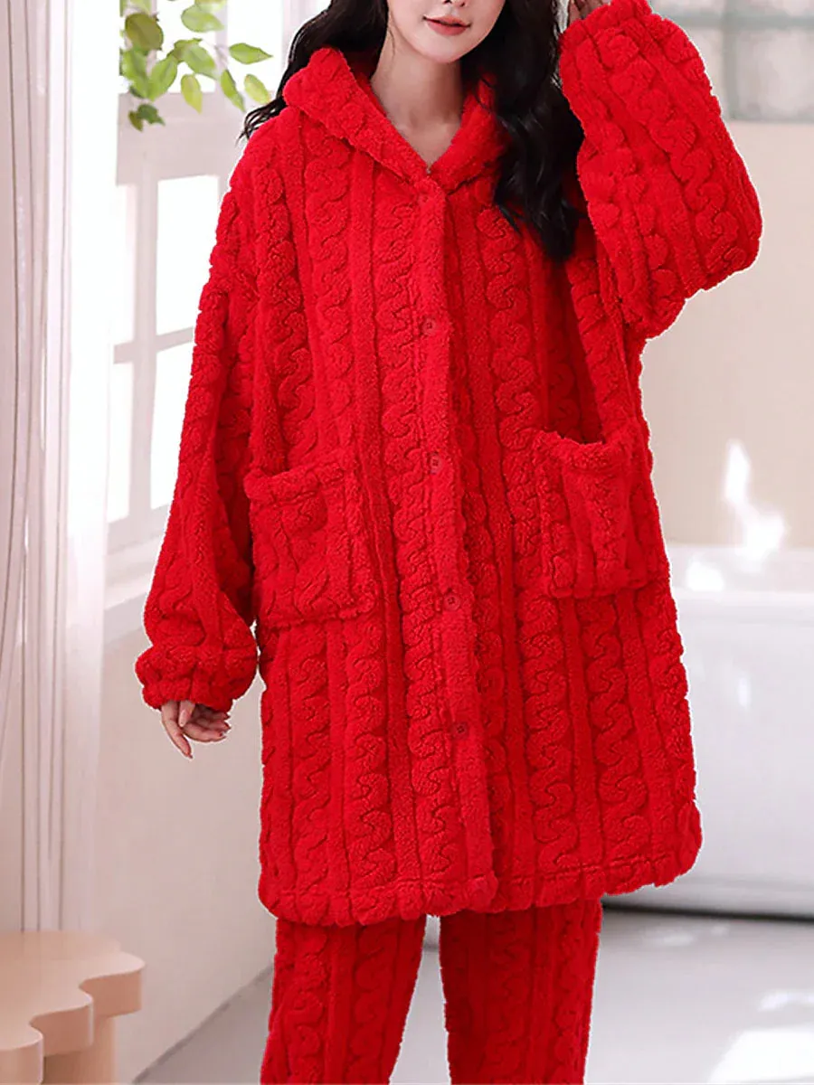 Yellow & Pink Warm Coral Fleece Women's Hooded Pajama Set