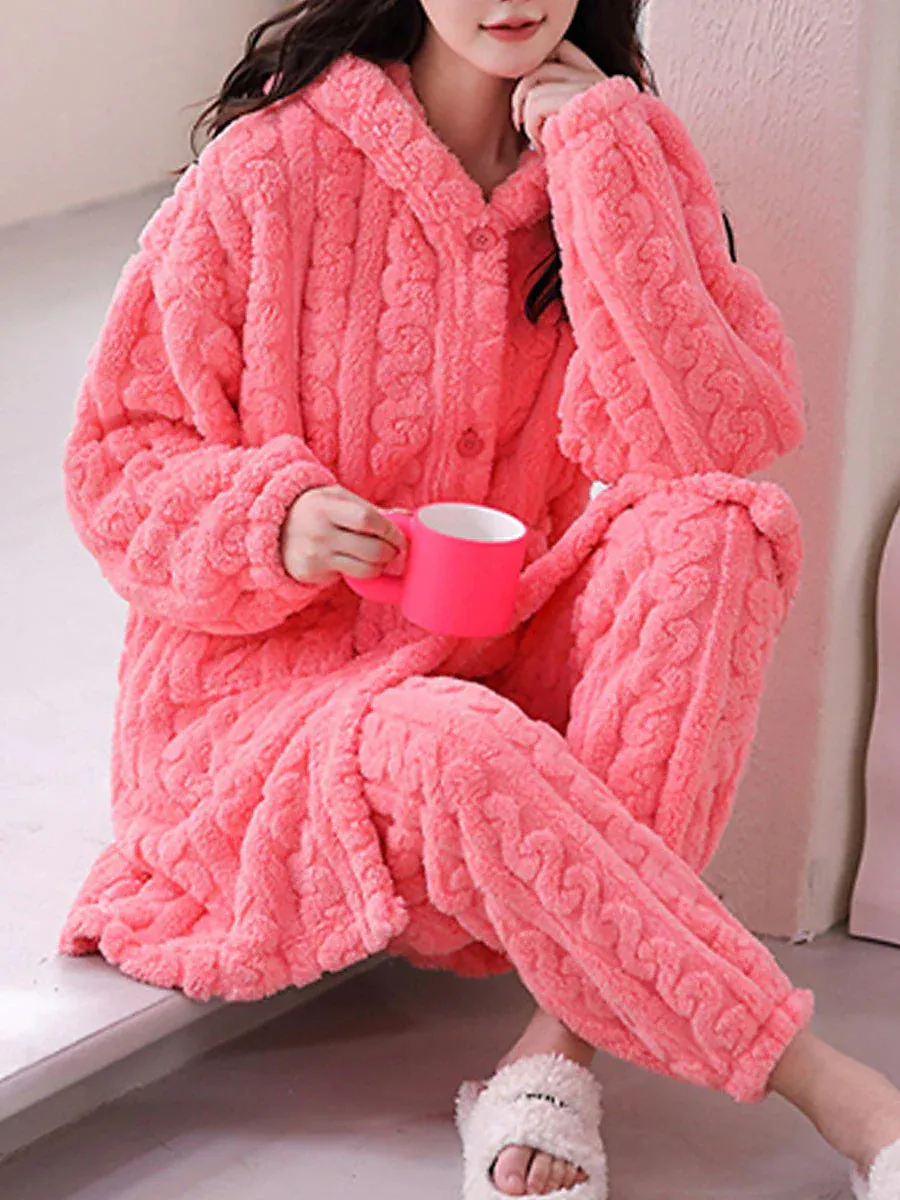 Yellow & Pink Warm Coral Fleece Women's Hooded Pajama Set