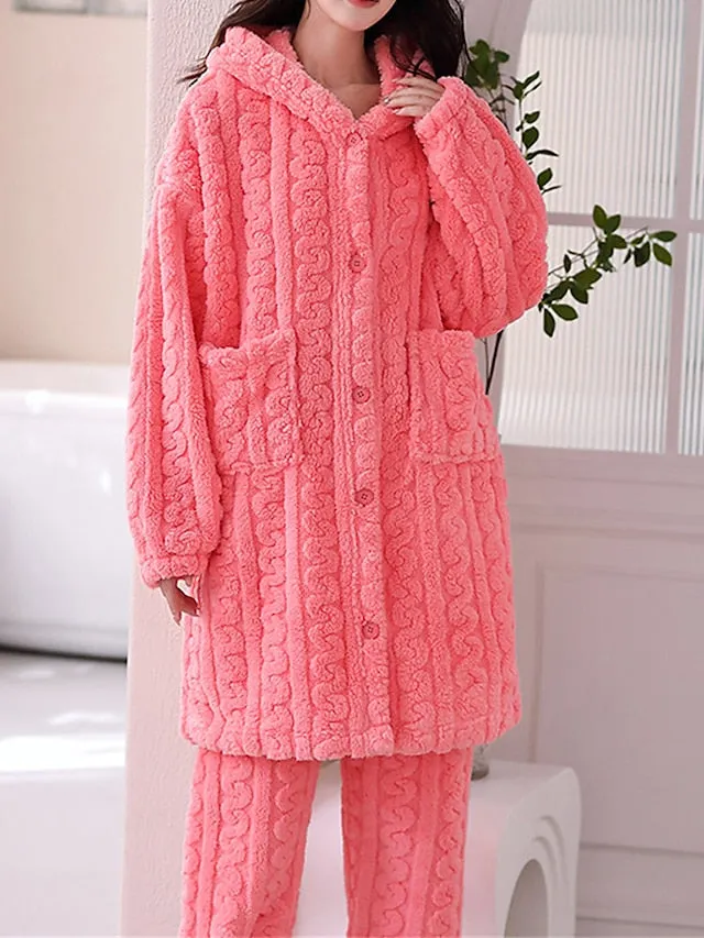 Yellow & Pink Warm Coral Fleece Women's Hooded Pajama Set